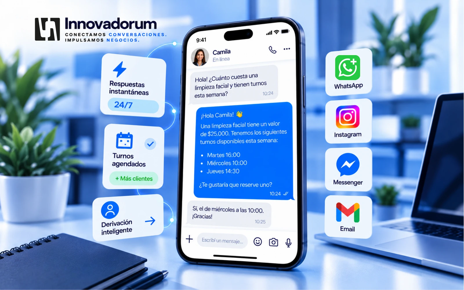 Una consulta que entra por WhatsApp a las 9:41 y el asistente la responde sola: dice el precio de la limpieza facial, ofrece tres turnos concretos de la semana y el cliente elige. Alrededor, los cuatro canales que atiende —WhatsApp, Instagram, Messenger y email— y las respuestas instantáneas, los turnos agendados y la derivación a una persona.